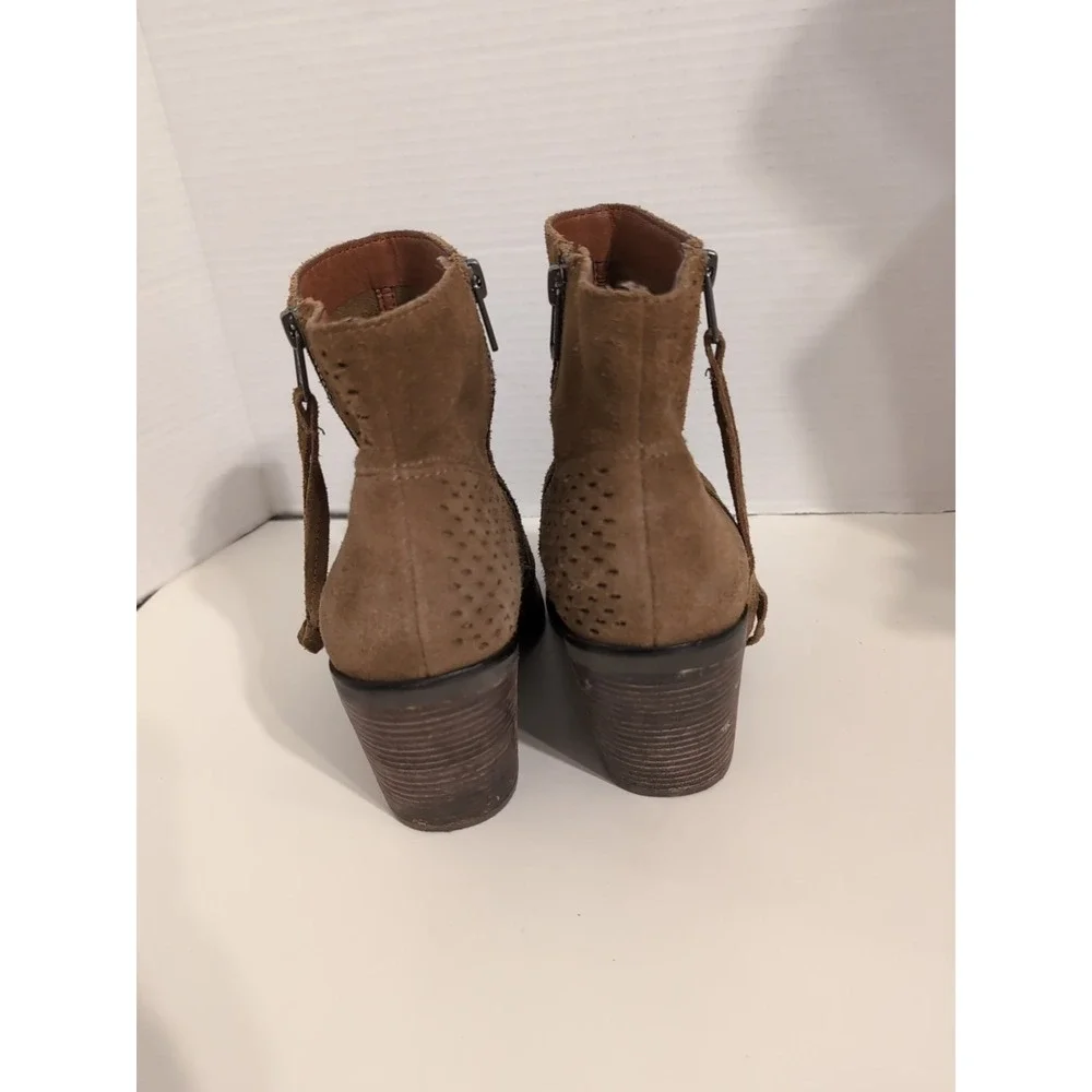 Lucky Brand Ramses Women's Brown Suede Ankle Boots Perforated Upper Dual Zippers